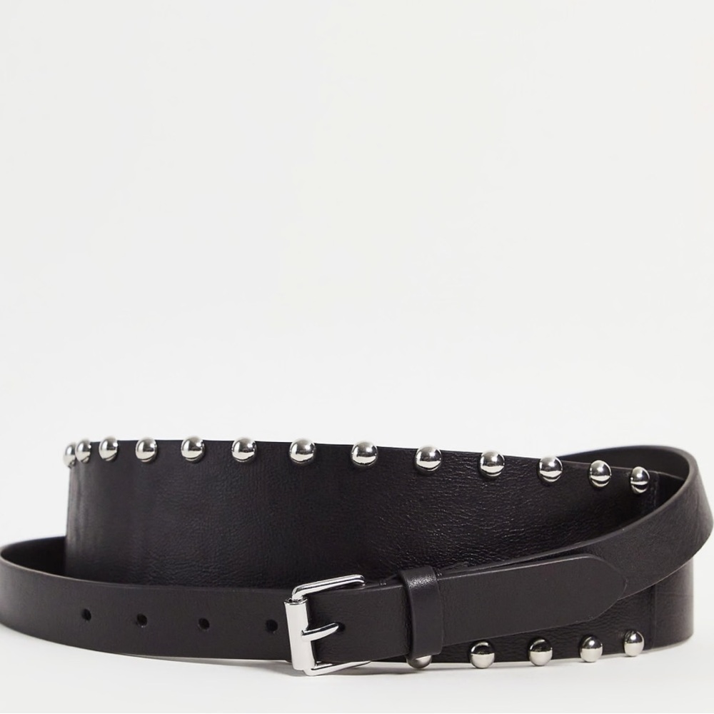 All Saints Alcor Black Leather Studded Belt with Silver Accents - Picture 2 of 9